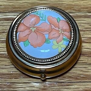 Gold Floral Enamel Decorative Pill Box - Gold Orange Floral Design